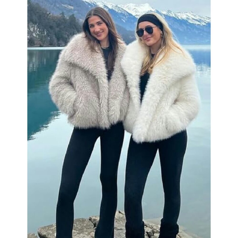 Cropped Faux Fur Jacket Lapel Collar Winter Warm Fluffy Shaggy Coat - Picture 7 of 7